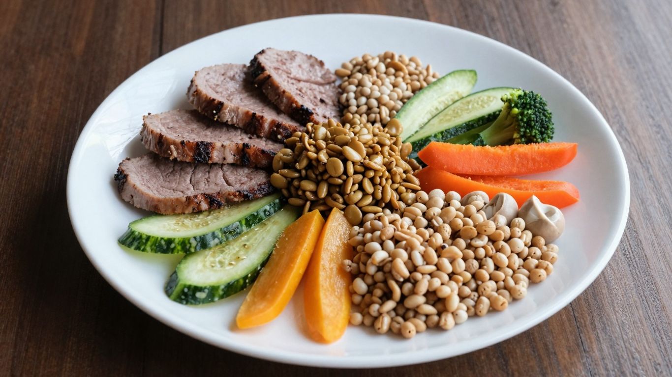 Healthy meal for lifters: lean protein, vegetables, complex carbs.